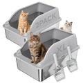 2PACK Stainless Steel Cat Litter Boxes XL Large Metal Pan Include Scoop | High Sides Lid Odor Free Easy Cleaning Anti-Scratch Anti-Urine Leakage Non-Sticky - color: Light Grey