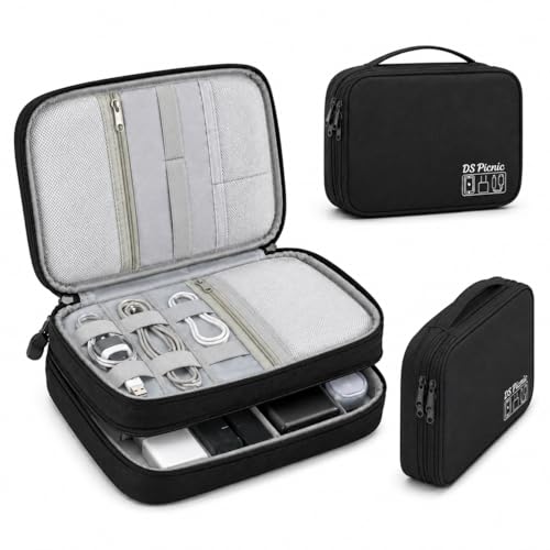 Electronic Organizer Travel Essentials Case, Waterproof Double Layer Cable Storage Pouch Bag for Charger, USB Cords, Power Bank, Phone Mouse SD Card Earphone Camera, Tablet (Up to 11 inch)