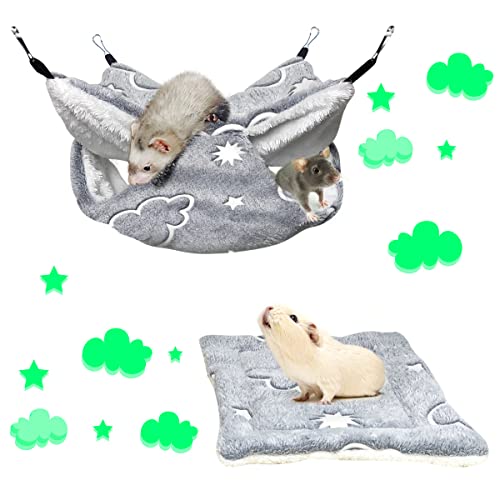 LEFTSTARER Noctilucent Luminous Guinea Pig Rat Hammock Bunkbed Hanging Tunnel and Soft Bed Mat for Ferret Hedgehog Squirrel Hideout Cage Accessories (3.Bunkbed Hammock and Mat) - color: 3.Bunkbed Hammock and Mat