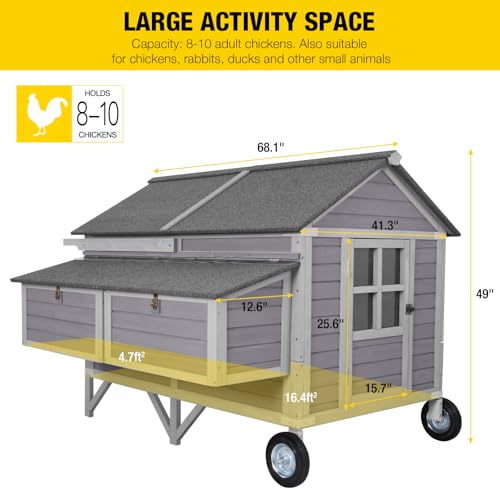 Chicken Coop Super Large Mobile Hen House with Wheels,Strong Iron Frame Outdoor Poultry Cage with Nesting Box,Duck Coop,Rabbit Cage Waterproof - size: Grey 68.1"L x 53.9"W x 49"H