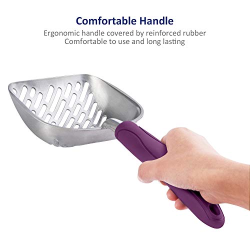 Cat Litter Scoop, Aluminum Alloy Sifter, Kitty Metal Scooper, Deep Shovel with Diagonal Sifting Hole, Long Handle, Kitten Poop Lifter for Litter Box, Large Size, Violet Handle - color: #07 Violet, size: Large