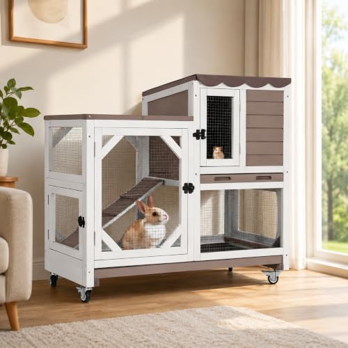 Aivituvin Rabbit Cage Indoor, 2-Story Bunny Cage with Leak-Proof Trays, Chew-Proof Wooden Rabbit Cage on Wheels for Small Pets (39.3" L x 22" W x 36.8" H) - Brown - color: Brown