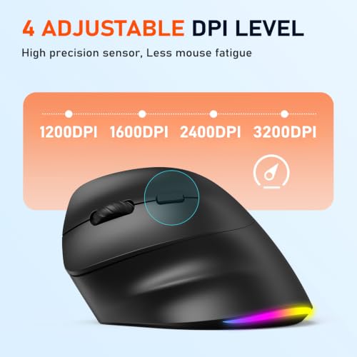 MEETION Left-Handed Wireless Ergonomic Vertical Mouse, Rechargeable - Black | Dual Bluetooth 5.2/3.0 + USB, RGB lighting, 4 adjustable DPI, compatible with Windows, Mac, PC, iPad and tablets - color: Left Black