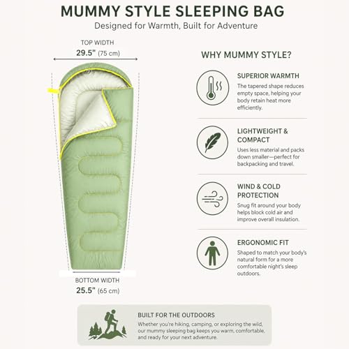 SunTrail Collective Sleeping Bag – Lightweight 32-59° Sleeping Bag for Teens & Young Adults, Mummy Style, Warm & Compact Camping Sleep Sack for Outdoor, Travel & Festivals, Portable w/Carry Bag