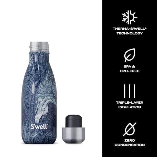 S'well Azurite Marble Water Bottle - 9 oz, Stainless Steel, Triple-Layered Vacuum Insulated, Keeps Drinks Cold 24 Hrs and Hot 12 Hrs, BPS-Free, No Condensation - color: Azurite Marble, size: 9 Ounces