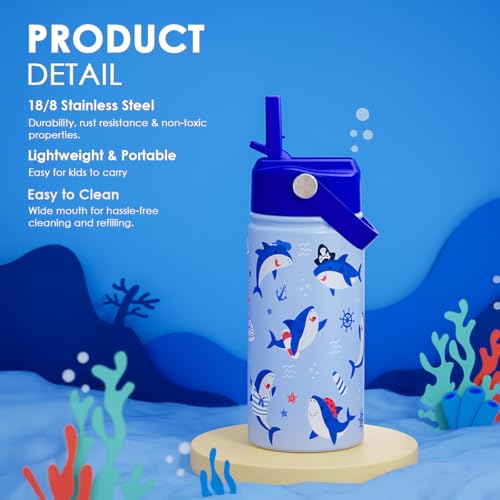 Shark Kids Water Bottle With Straw Lid 12oz Insulated Stainless Steel, Travel Tumbler, Gifts For Boys Girls, Birthday, Christmas, Back To School - color: Shark 1
