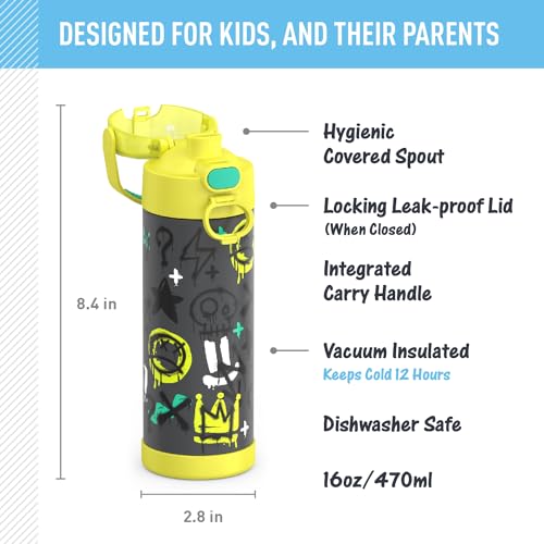 THERMOS FUNTAINER Water Bottle with Spout, 16oz, Graffiti Boy | Kids Stainless Steel Insulated Water Bottle, Keeps Drinks Cold Longer for School & Play, BPA-Free - color: Graffiti Boy, size: 16 Ounces