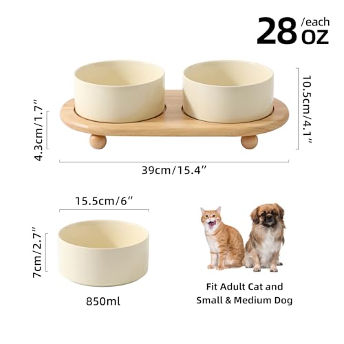 Havniva Raised Cat Bowl, 6.1” Elevated Ceramic Cat Food and Water Bowl Set | Cat Bowls Elevated, Whisker Friendly Cat Bowl, Non-Slip Wood Stand, Food-Grade Ceramic, Wide Opening, Dishwasher Safe - color: 2 x Bowl + Stand - Light Yellow, size: 6.1inch