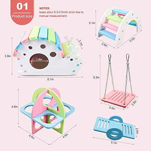 Roundler Dwarf Hamsters House DIY Wooden Gerbil Hideout Rainbow Bridge Swing and PVC Seesaw, Pet Sport Exercise Toys Set, Sugar Glider Syrian Hamster Cage Accessories, Suitable for Small Animal (H02)