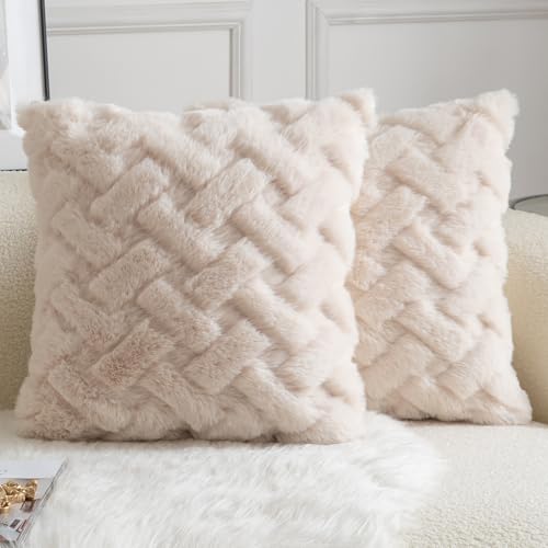 Yaertun Set of 2 Decorative Throw Pillow Covers Thick Plush Wool Throw Pillows Super Soft Luxury Faux Rabbit Fur Velvet Cushion Covers for Couch Sofa Bed Living Room 16x16 Inch Beige - color: Beige, size: 16" x 16" (Pack of 2)