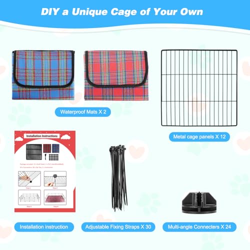 C&C Cage for Guinea Pigs, Guinea Pig Playpen with Mat, 12 Panels | 12 x 12 in, Waterproof Red and Blue Mats, 30 Cable Ties, 24 Connectors, DIY Cage Setup, Guinea Pigs and Rabbits - style: 12 Panels