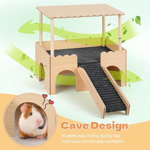 Wooden Guinea Pig Hideout Castle with Stairs,Small Animal Bed Hut Habitats Spacious 2-Level Detachable Small Pet House for Rabbits, Hamsters & Chinchillas Bunny (Updated Grey) - color: Updated Grey