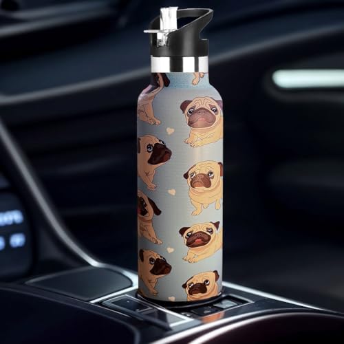 Kids Water Bottle with Straw,Dog Pug Bottle Vacuum Insulated Stainless Steel Travel Mugs Tumbler For Sport School Outdoor 20 oz - color: Blue Pug