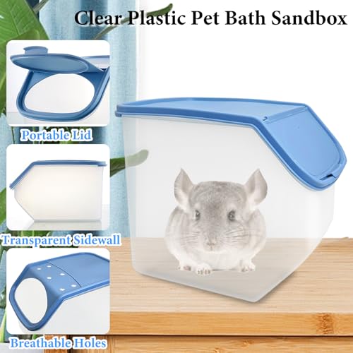 BNOSDM Large Chinchilla Sand Bath Container Large Chinchilla Dust Bath Tub Transparent Hamster Toilet Shower Room Plastic Hamster Bathroom Kit with Leaky Scoop for Big Mice Hedgehog Squirrel (Blue)