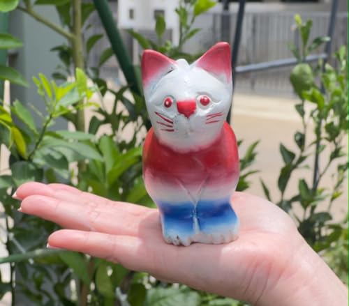 Hand Carved Wooden Cat Figurine, Handmade Cat Statue, Rustic Farmhouse Home Decor, Wooden Animal Sculpture, Unique Gift for Cat Lovers (Vingtage White/Red/Blue Cat) - color: Vingtage White/Red/Blue Cat