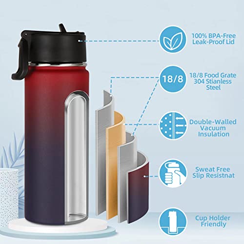 Volhoply 18oz Kids Insulated Water Bottle,Stainless Steel Water Bottles with Straw Lid,Double Wall Vacuum Metal Sports Water Flask,Wide Mouth Reusable Travel Cups For Cold Drink(Red Purple,1 Set) - color: Red Purple