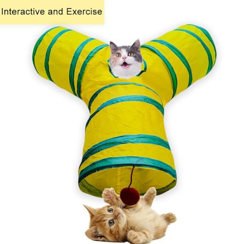 Cat Tunnel Tube Toys, 3 Ways Tunnels for Indoor Cats with Play Ball | Collapsible Pet Tube with Interactive Peephole Interactive Toy for Rabbits, Kittens, Ferrets, Puppy(Yellow Green) - color: 3 Way Yellow Green