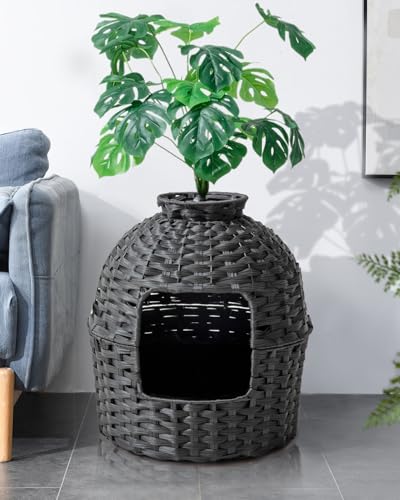 SETVSON Cat Litter Box Plant Furniture Enclosure, PE Rattan House, Black | Decorative Planter Design, Easy Clean, Artificial Plants & Real Stones Included, Private Inner Litter Box, 20" x 20" Compact - color: Black