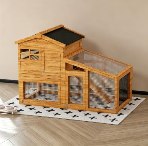 54" 2-Tier Wooden Rabbit Hutch with Run, Small Animal Cage with Removable Tray, Ramp, 6 Access Doors & Asphalt Roof, Weather-Resistant Bunny House for Rabbits, Guinea Pigs, Chinchillas, Natural Wood - color: Wood color
