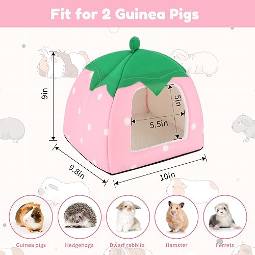 BWOGUE Guinea Pig Bed Hideout, Washable Hamster Cave for Small Animals | Removable Cushion for Cleaning, Warm Fleece Nest, Washable Bed, 10 x 9.8 x 9 in, Dwarf Rabbits Hedgehogs - color: Strawberry Pink