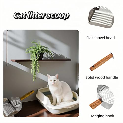 Premium Stainless Steel Cat Litter Scoop-Triple Guard Walls&Non-Stick Design,Silver,Flat Shovel Head Design Solid Deep Edge Wood Handle,Dual Hooks 1Pack,6.1x5.3inch (Silver long strip) (Silver) - color: Silver