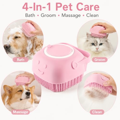 Dog and Cat Bath Brush with Shampoo Dispenser, Silicone Pet Grooming Brush for Dogs Cats, Soft Massage Scrubber for Bath, Easy Clean Ergonomic Pet Shower Brush for Small Medium Pets Pink - color: Pink