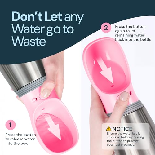 MalsiPree Insulated Dog Water Bottle - 24 oz Pink, Stainless Steel | 24oz insulated steel bottle & bowl - leak-proof - Use for dog travel, hiking, park & beach days - color: Pink, size: 24oz - Insulated