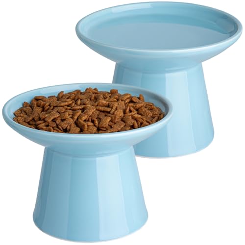 Ceramic Elevated Cat Bowls - 6.2 Inch Extra Wide Raised Cat Food and Water Bowl Set for Indoor Cats, Whisker-Friendly Ceramic Cat Dish for Elder Big Cats & Small Dogs,Blue,2 Pack - color: Blue, size: 2 Pack