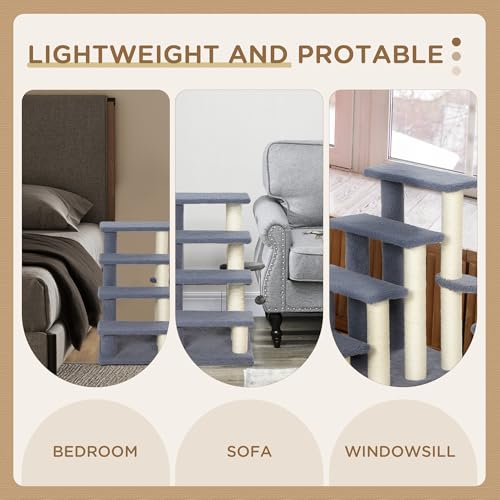 PawHut 4 Levels Cat Steps Pet Stairs Carpeted Ladder for High Bed Gray | Kitten Tree Climber, Scratching Posts, Hanging Play Ball, Side Step, for Sofa - color: Gray