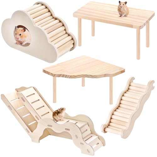 5-in-1 Wooden Hamster Toys Set Hamster House Hideout with Ladder Bridge Platform Table Climbing Ramp, Chew Toy for Syrian Dwarf Hamsters Gerbils Small Pets Cage Accessories Natural Wood Habitat Decor
