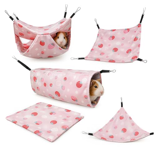 5 Pack Ferret Hammock, Rat Hammock, Washable Guinea Pig Hideout Bed, Soft Hanging Tunnel & Mat, Small Pet Cage Accessories for Chinchilla, Squirrel (Pink)