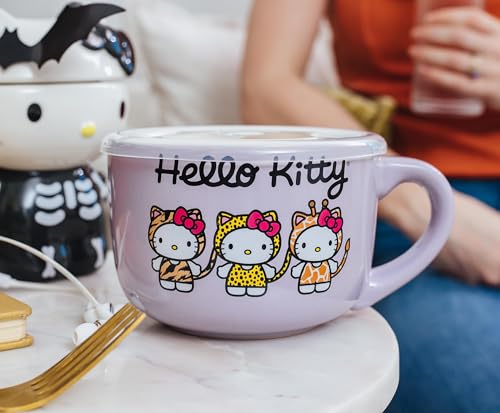 Silver Buffalo Sanrio Hello Kitty Jungle Animals Ceramic Soup Mug Bowl With Vented Lid and Handle For Ice Cream, Cereal, Beverages | Holds 24 Ounces