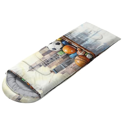 Sleeping Bags for Adults and Kids Backpacking Camping Sleeping Bags for Girls and Boys Lightweight Waterproof Cold/Warm 3-Season - color: Cartoon Sports Ball City Skyline