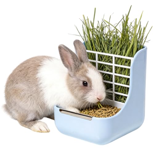 Rabbit Hay Feeder Guinea Pig Feeder, 2 in 1 Automatic Small Animal Food Bowl Feeding Cage Accessories 5.91''L x 6.69''W x 7.09''H (Blue) - color: Blue