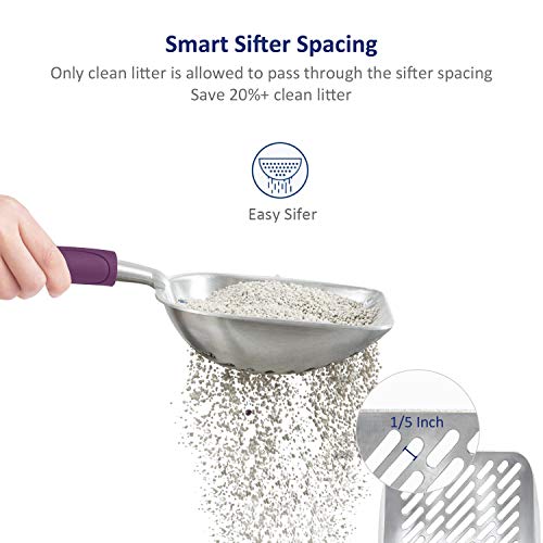 Cat Litter Scoop, Aluminum Alloy Sifter, Kitty Metal Scooper, Deep Shovel with Diagonal Sifting Hole, Long Handle, Kitten Poop Lifter for Litter Box, Large Size, Violet Handle - color: #07 Violet, size: Large