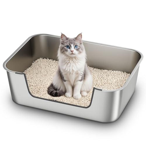 Qiuma Stainless Steel Cat Litter Box with Low Entry, Large Metal Kitty Litter Box for Senior or Injured Cats, Odor-Free, Non-Stick, Easy to Clean, 23.4"x15.6"x7.8", for Multiple Cats - size: 23.4"L x 15.6"W x 7.8"H