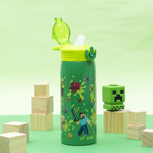 Zak Designs Minecraft Steve Sage 19oz Leak-Proof Straw Kids Water Bottle | BPA Free, Insulated Stainless Steel, Cupholder Friendly, Dishwasher Safe, Lid Lock, Handle, For School, Home, Travel, Outdoor - color: Minecraft (Steve, Alex, Mobs)