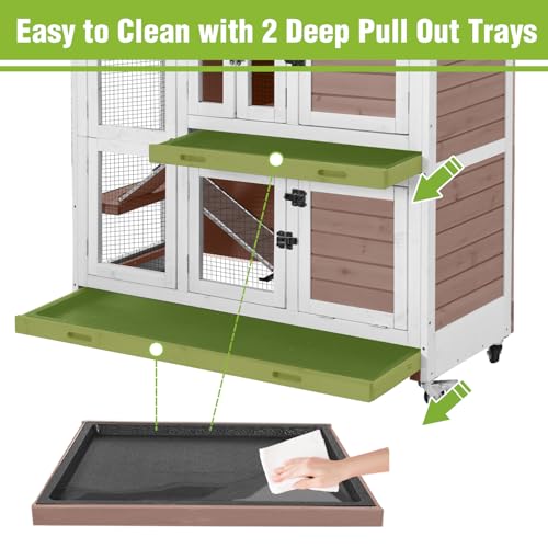 Rabbit Hutch Indoor & Outdoor, Mobile Bunny Hutch with Wheels, Wooden Rabbit Cage with 2 Pull Out Trays and Ramp, Two-Story Design Guinea Pig Cages