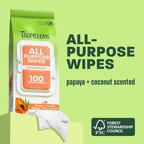 TropiClean All Purpose Dog Cleaning Wipes, Papaya Scent, 100ct, 4 Pack