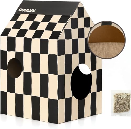 Conlun Cardboard Cat House with Scratch Pad & Catnip, Cat Play Scratching House for Indoor Hideaway Furniture, Heavy Duty Sturdy Cardboard Scratcher, Easy to Assemble Birthday Gift, Medium | 2-in-1 cozy cave, heavy-duty recycled cardboard | traps messy cr