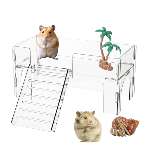 Acrylic Platforms for Hamster Cage, Climbing Platform with Ladder, Clear Hideout Cave Accessories for Gerbils Hermit Crab