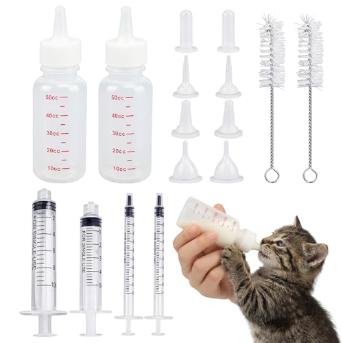Pet Nursing Kit, 17 Pcs Newborn Kitten Bottle Feeding Kit, with 1/5/10ml Liquid Syringes, Replacement Silicone Nipples & Cleaning Brushes, for Newborn Kittens, Puppies, Rabbits, Small Animals
