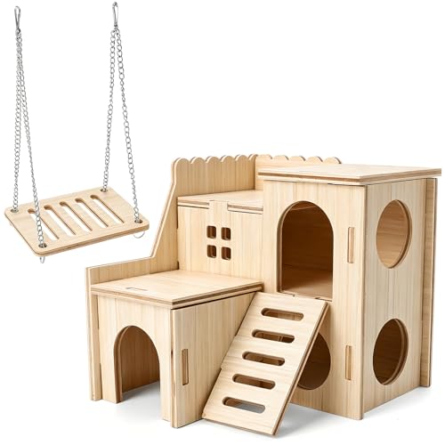 Hamster Wooden Maze House with Slide, Double-Decker Hut and Small Swing, Hideout Play Toys for Dwarf Hamsters, Gerbils, Mice and Other Small Animals (Only for Small Hamsters)