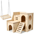 Hamster Wooden Maze House with Slide, Double-Decker Hut and Small Swing, Hideout Play Toys for Dwarf Hamsters, Gerbils, Mice and Other Small Animals (Only for Small Hamsters)