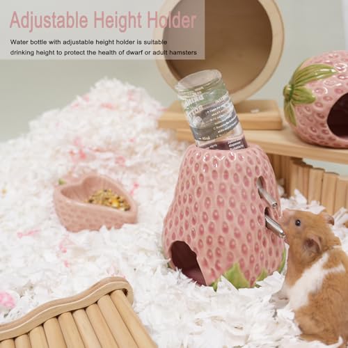 Adjustable No-Drip Pink Strawberry Ceramic Hamster Water Bottle | 80ML,2-in-1 Drinking Station and Stable Hideout for Glass Tanks with No-Drip 2 Caps,Fits Hamsters, Gerbils & Small Pets