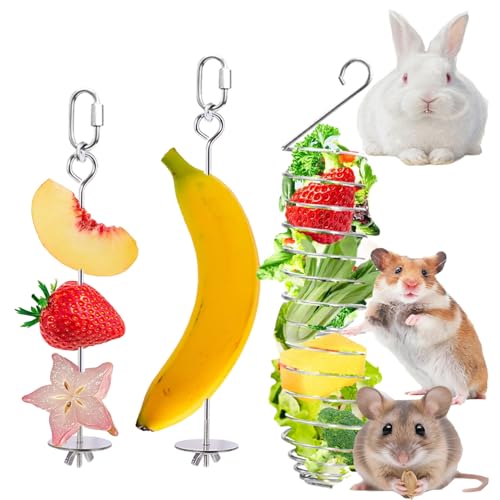 3 Pack Rabbit Toys, Bunny Rat Cage Food Holder Stainless Steel Slow Feeder Hanging Accessories for Rat Guinea Pig Chinchillas Rabbits Hamster Foraging Enrichment Small Animal Toys