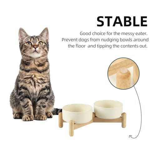 Havniva Elevated Dog Bowls Ceramic Dog Bowls with Stand, Dog Food Bowl | 5.1” Raised Dog Bowls with Non-Slip Wood Stand, Dog Food and Water Bowl Set, Double Dog Feeding Bowls for Small Dogs - color: 2 Bowls+Stand - Light Yellow, size: 5.1inch