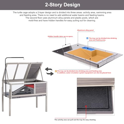 BIRASIL Wood Tortoise Enclosure with Adjustable Light Stand,2-Tier Habitat Reptile Cage with Feeding Area Swimming Area, Turtle House for Small Animals Lizards Hamster (Gray) - color: Gray