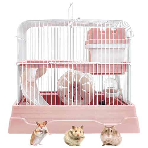PINVNBY 2-Tier Dwarf Hamster Cage, Travel Portable Guinea Pig Cages Rat Cage and Habitats Small Animal Carrier with Castle House Running Exercise Wheels, Water Bottle and Food Dish (Pink - color: Pink, size: M: 11.7x8.7x9.8in