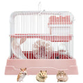 PINVNBY 2-Tier Dwarf Hamster Cage, Travel Portable Guinea Pig Cages Rat Cage and Habitats Small Animal Carrier with Castle House Running Exercise Wheels, Water Bottle and Food Dish (Pink - color: Pink, size: M: 11.7x8.7x9.8in